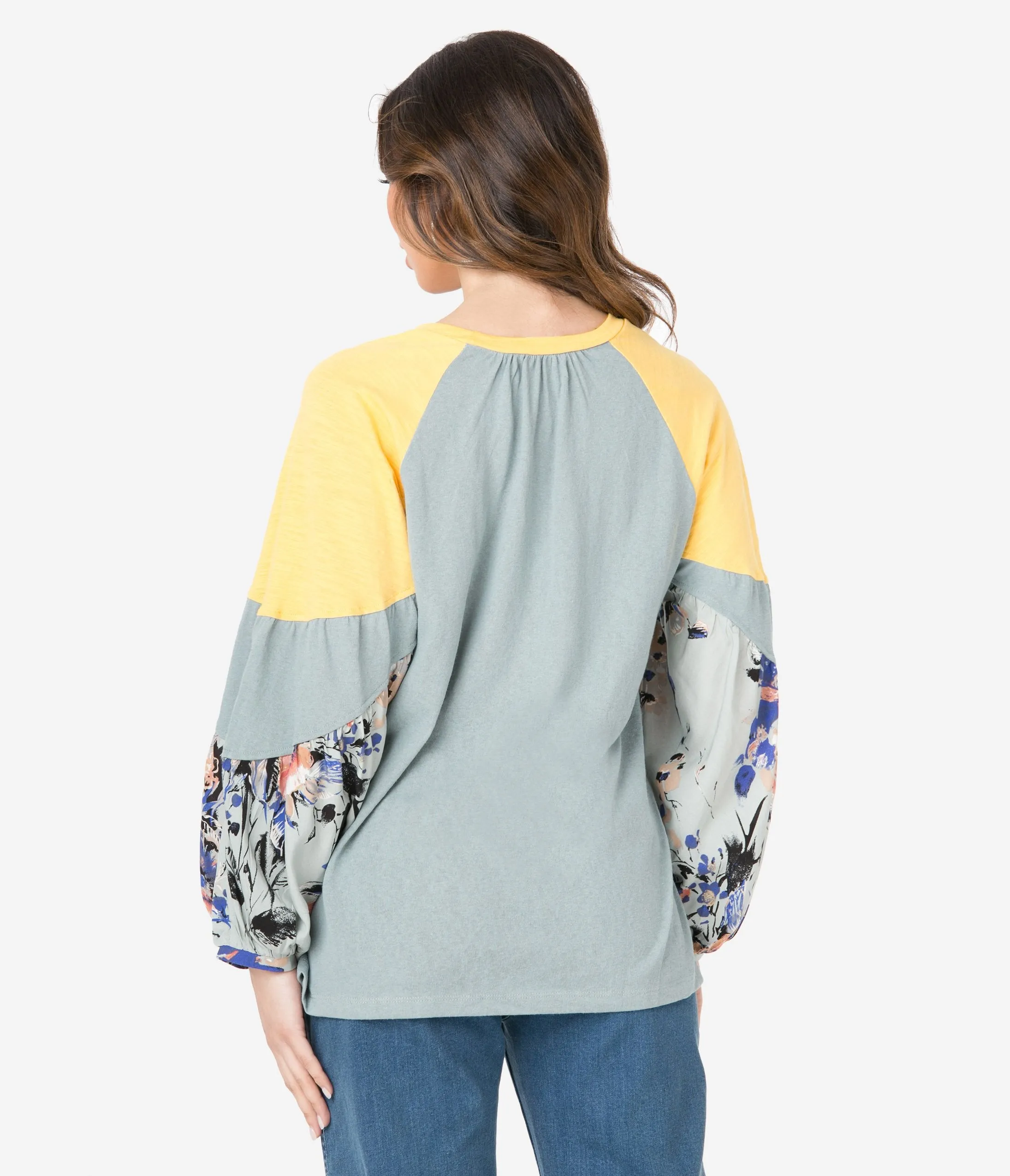 Sage & Lagoon Floral Colorblock Puff Sleeve Top