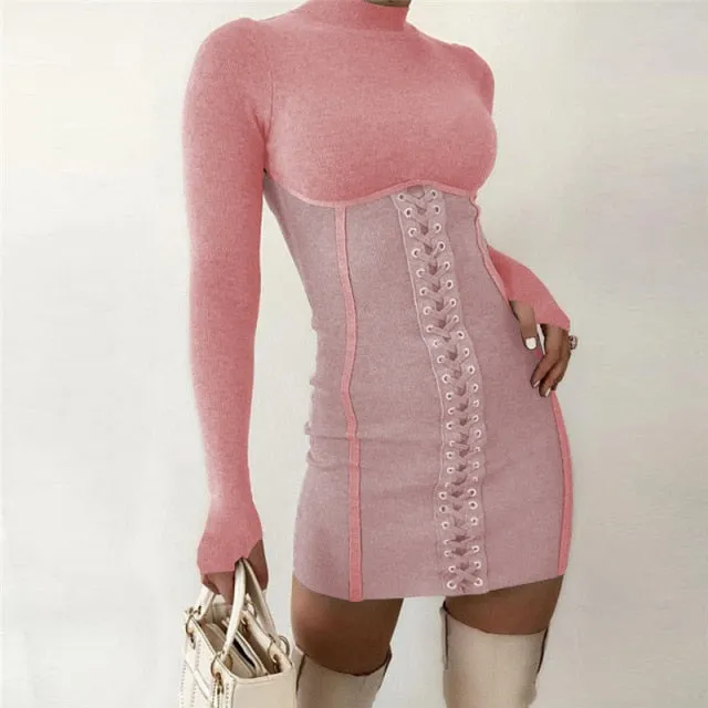 Slim Fit Lace-Up Long Sleeve Dress