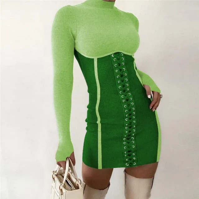 Slim Fit Lace-Up Long Sleeve Dress