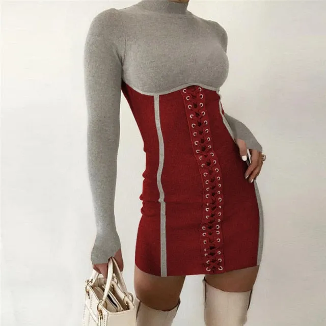 Slim Fit Lace-Up Long Sleeve Dress