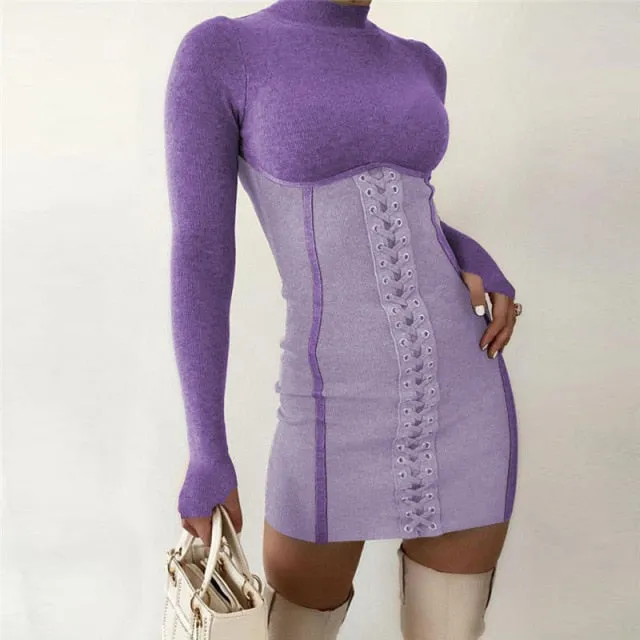 Slim Fit Lace-Up Long Sleeve Dress