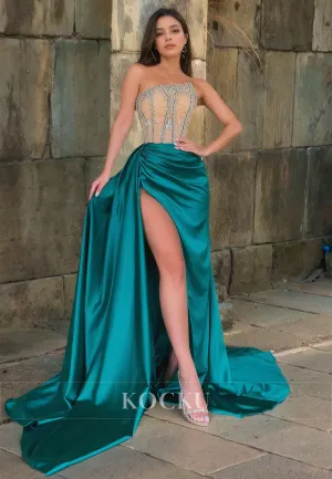 Strapless Sheath Prom Dress Sleeveless High Split Sweep Train Pleats Satin Formal Gowns with Beads