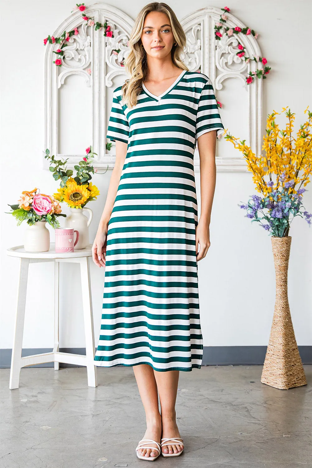 Striped V-Neck Short Sleeve Side Slit Dress