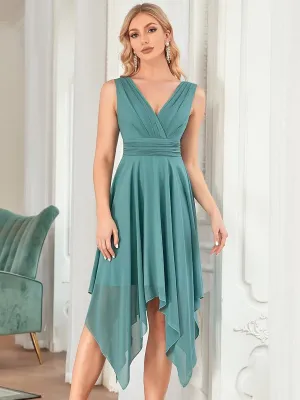 Stylish V Neck Ruched Asymmetrical Hems Midi Chiffon Bridesmaid Dress