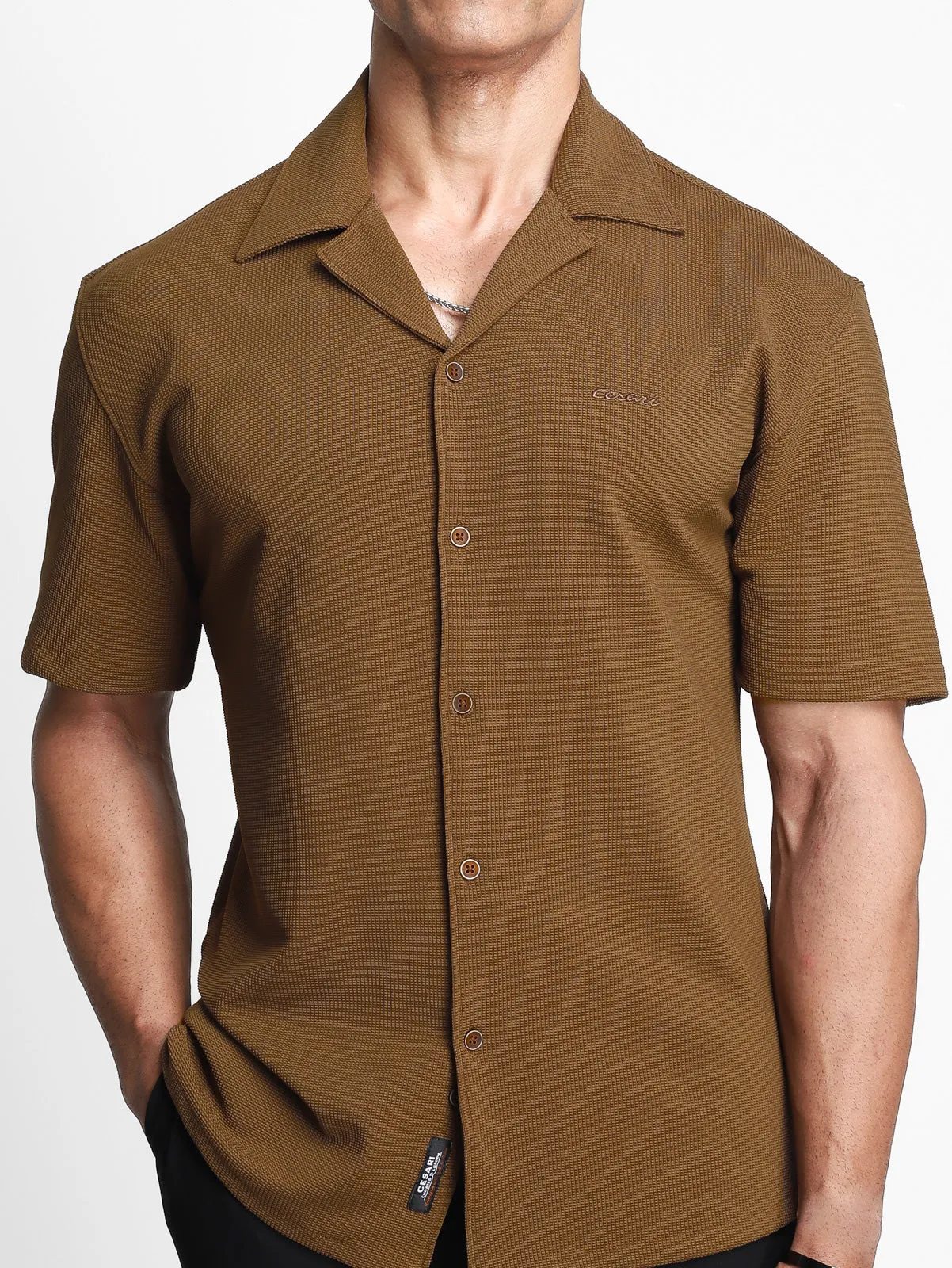 Tan Brown Textured Bowling Shirt