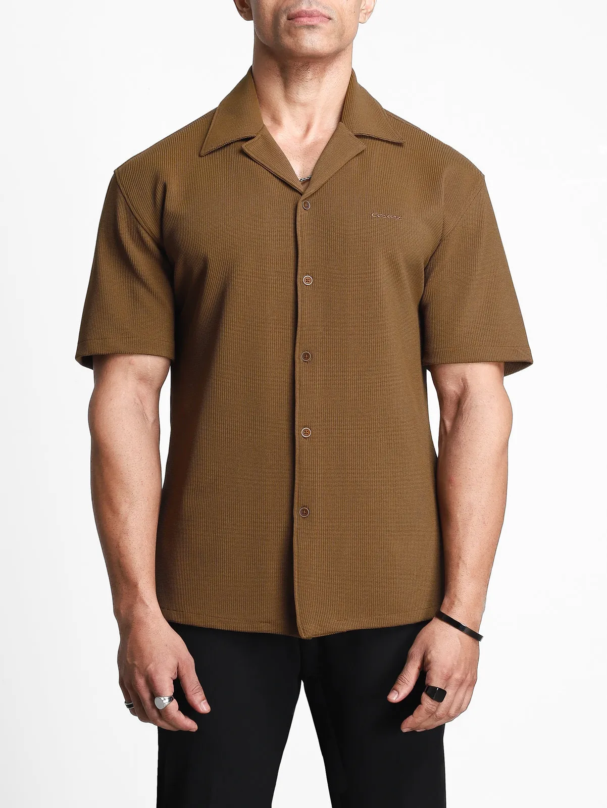 Tan Brown Textured Bowling Shirt