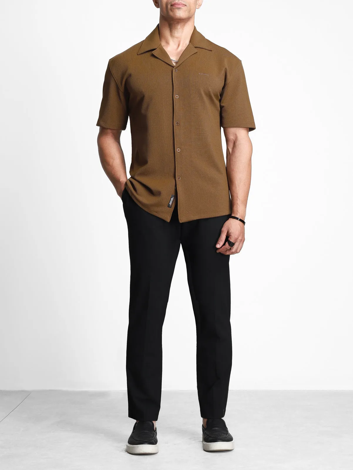 Tan Brown Textured Bowling Shirt