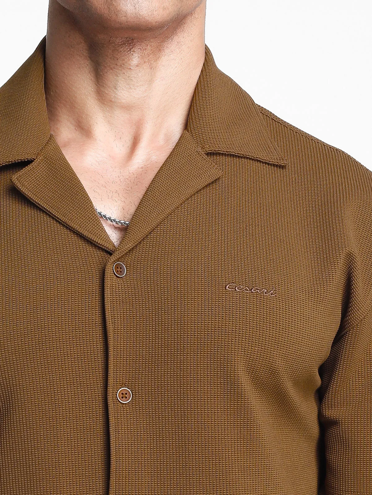 Tan Brown Textured Bowling Shirt