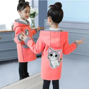 Thick Fur Woolen Cute Cat Design Winter Coat For Girls