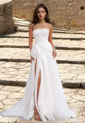 Tube Top A-Line Sleeveless High Slit Train Ruched Lace Wedding Dress with Floral Boho Gowns