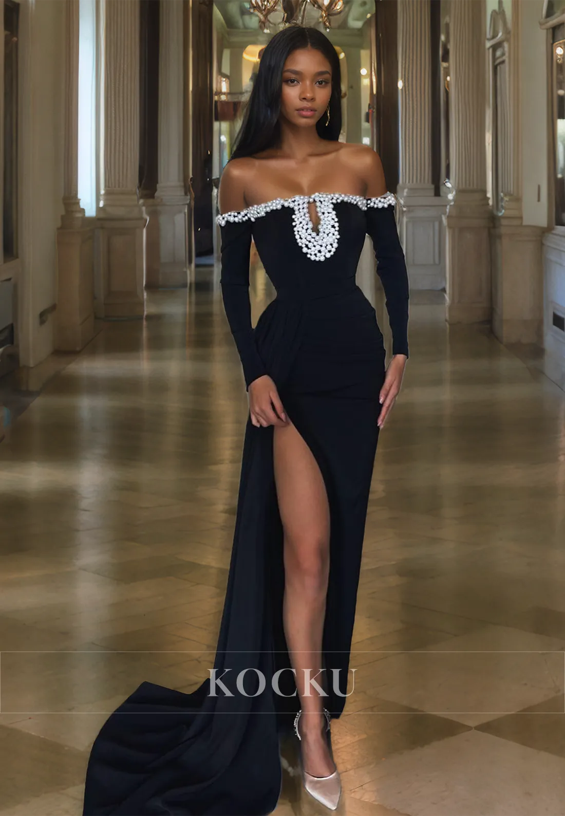 Tube Top Long Sleeves Sheath High Split Train Beads Satin Party Dress with Cut Outs Prom Dress