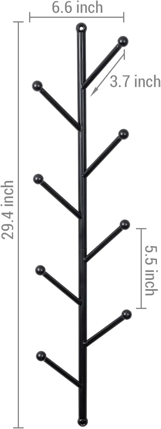 Wall Mounted Black Metal Hat and Coat Hanger Tree, Hanging Garment Rack with Branch Style Hooks